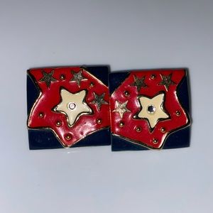 Vintage Don Lin goldtone metal clip on earrings red blue gold beige enamel